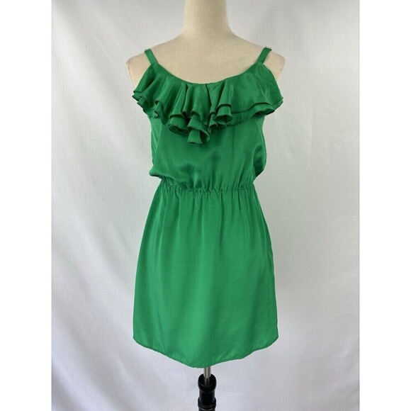 Amanda Uprichard Silk Mini Dress Bright Green Medium Ruffled Neck - Picture 1 of 8